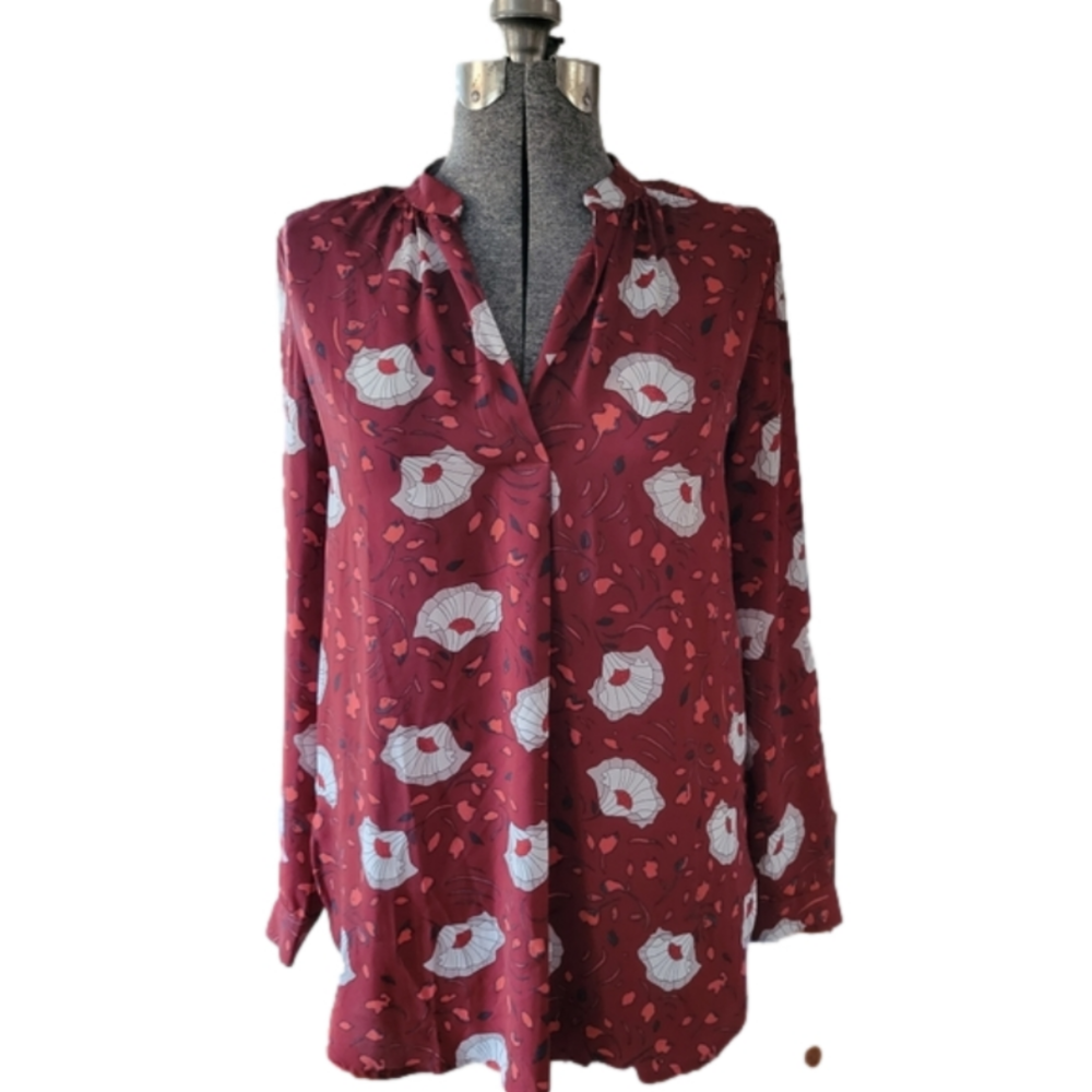 Loft Floral Maroon V-Neck Pullover Long Sleeve Blouse-Size Small